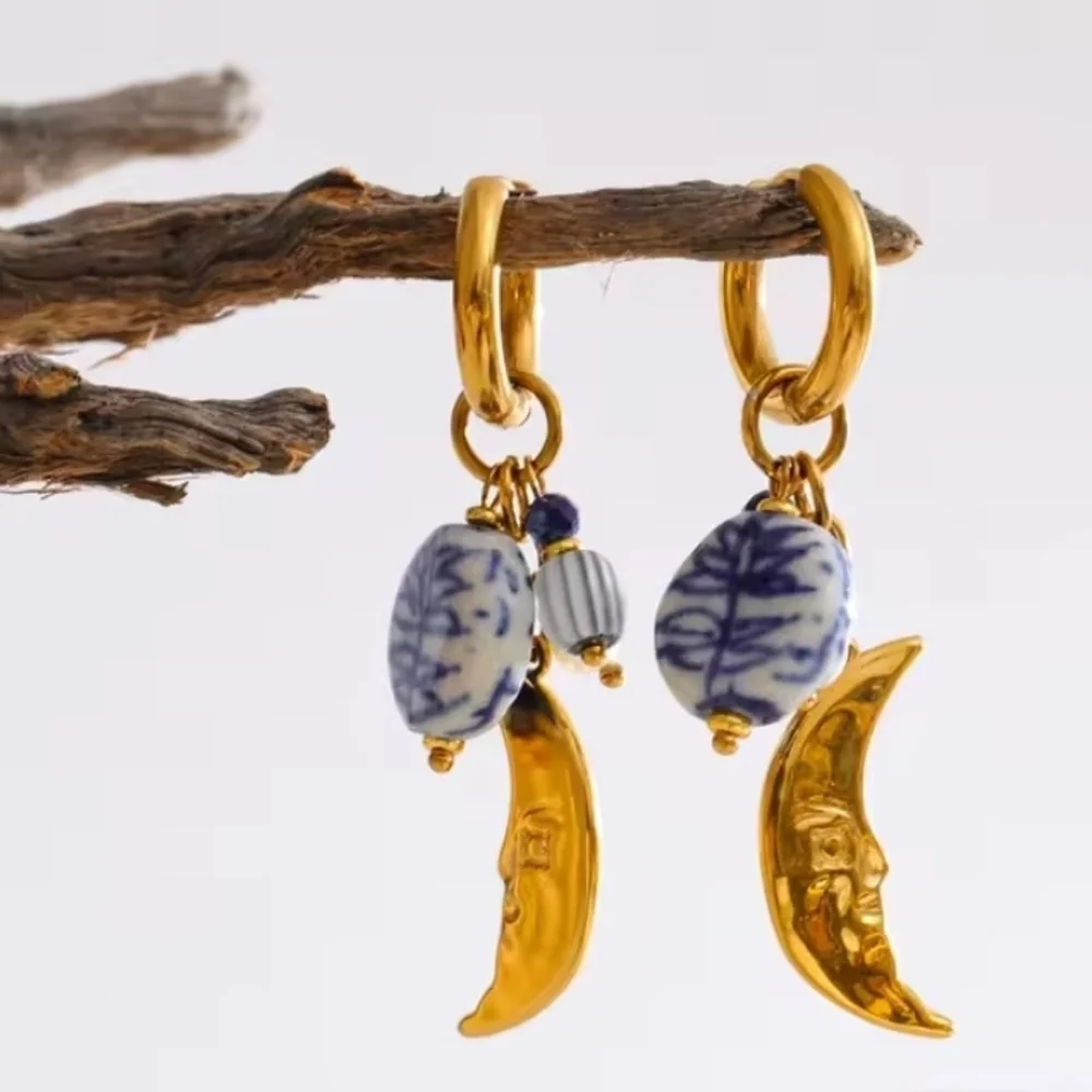Gold Moon Blue Ceramic Charm Huggie Hoop Earrings | NWOT